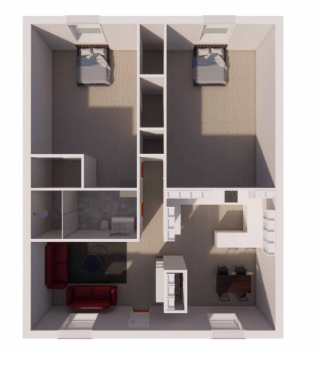 a 3d rendering of a two bedroom apartment at The Hampton Gardens